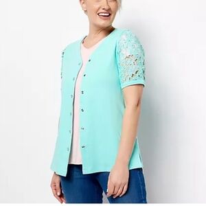 Quacker Factory Floral Pearl & Lace Snap Front Elbow Sleeve Cardigan Aqua XL